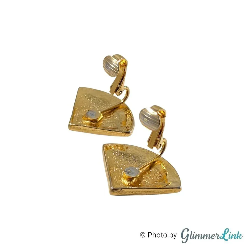 Vintage 1980s Green Enamel Striped Triangle Gold Tone Clip On Earrings